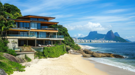 A stunning modern villa situated on a beautiful beach, offering breathtaking ocean and city skyline views. Ideal for luxury vacation escapes.の素材