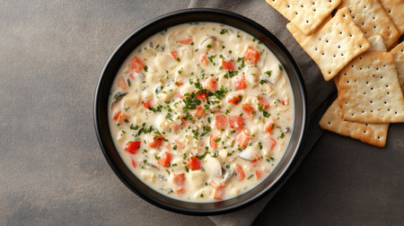 A delicious bowl of creamy seafood chowder features fresh vegetables and herbs, served with crispy crackers for a comforting meal option.の素材