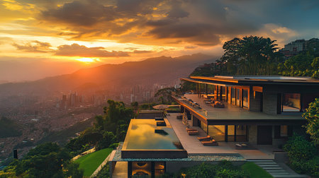Captivating modern architecture features a stunning sunset view over mountains and city. A luxurious villa with a pool embodies serene outdoor living and relaxation.の素材