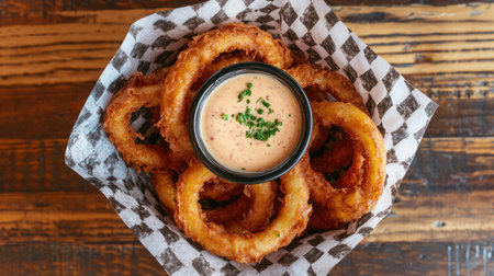 Enjoy a mouthwatering display of crispy onion rings served in a checkered paper basket, accompanied by a flavorful dipping sauce, perfect for sharing.の素材
