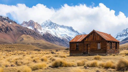 A rustic wooden house stands in a vast green meadow, surrounded by majestic snow-capped mountains under a clear blue sky, evoking a sense of tranquility and solitude in nature.の素材