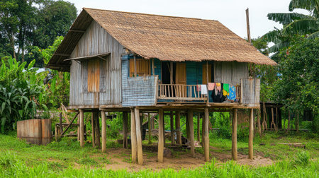 Explore a traditional elevated wooden house nestled in lush greenery. This charming structure reflects rural life and cultural heritage in a serene environment.の素材