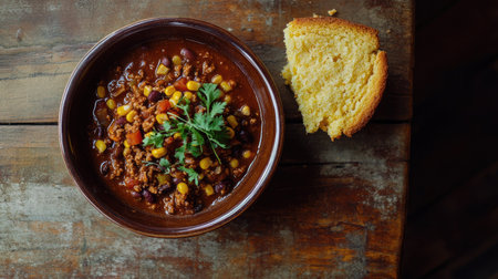 A delicious bowl of hearty chili filled with beans, meat, corn, and spices, served alongside a fresh slice of cornbread, perfect for any meal.の素材