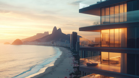 This captivating scene features a modern building with glass balconies against a stunning beach and mountain backdrop during sunset. Perfect for travel themes.の素材