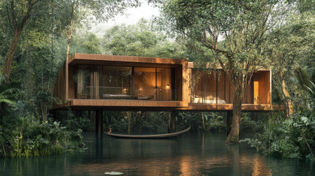 A modern eco-friendly house nestled among dense greenery and serene waters, perfect for a tranquil getaway, blending nature with contemporary design.の素材