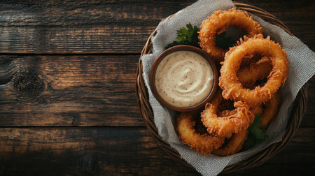 Indulge in a basket of crispy onion rings served with a creamy dipping sauce, perfect for sharing at gatherings or enjoying as a tasty snack any time.の素材