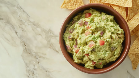 Enjoy a vibrant and creamy guacamole served in a brown bowl next to crispy tortilla chips, perfect for a snack or party platter on a marble surface.の素材