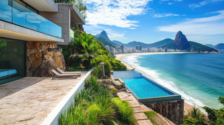 Experience the breathtaking coastal view from this modern villa featuring an infinity pool, lush greenery, and beautiful sandy beach under a sunny sky.の素材