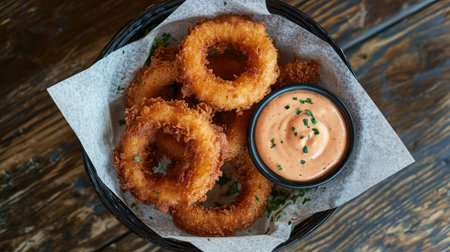 Enjoy this image of crispy onion rings served with a flavorful dipping sauce, showcasing a rustic presentation on a wooden table, perfect for appetizers.の素材
