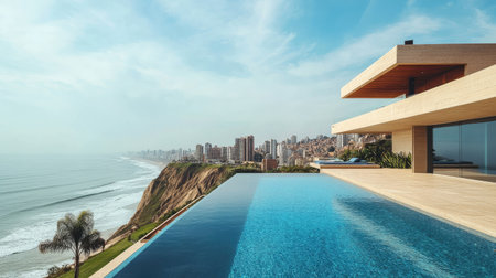 Experience the breathtaking beauty of a modern infinity pool overlooking the ocean and vibrant cityscape. Enjoy serene relaxation in this luxurious setting.の素材