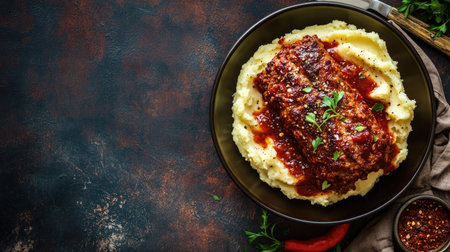 A tempting dish featuring meatloaf topped with rich tomato sauce, served over creamy mashed potatoes, perfect for a hearty family dinner or a cozy meal.の素材
