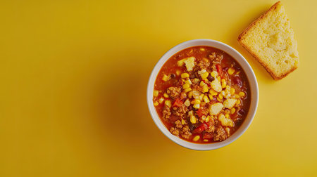 A vibrant image featuring a bowl of chili with corn and a slice of bread on a bright yellow background, showcasing a delicious and hearty meal perfect for any occasion.の素材