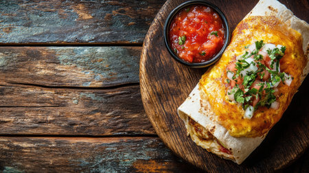 A scrumptious breakfast burrito topped with melted cheese and fresh salsa, served on a rustic wooden plate, perfect for a healthy start to your day.の素材