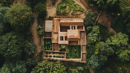 An aerial view captures a rustic home nestled in lush greenery, showcasing sustainable architecture harmonizing with the natural landscape. Ideal for eco-conscious themes.の素材