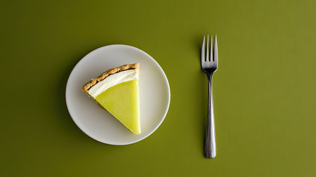 A delectable slice of lime pie rests on a modern plate, accompanied by a shiny fork, against a vibrant green background, perfect for food photography.の素材