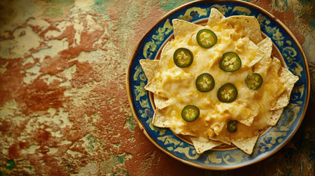 A colorful plate of cheesy nachos topped with sliced jalape showcases a delicious and savory snack perfect for sharing at any gathering or celebration.の素材