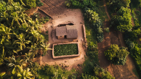 A beautiful aerial view showcasing a rustic village house embraced by lush greenery and vibrant fields, highlighting rural tranquility and natural beauty.の素材