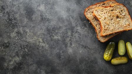 This image features slices of freshly baked whole grain bread accompanied by tangy pickles. The dark background enhances the rustic appeal, perfect for food promotion.の素材