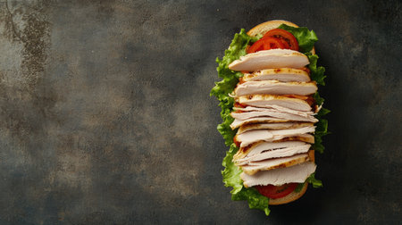 A delicious turkey sandwich featuring layers of turkey, fresh lettuce, and ripe tomato on bread. Perfect for lunch or a quick snack filled with flavor.の素材