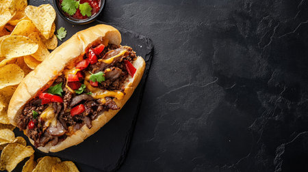 Enjoy a delicious meat sandwich loaded with cheese, peppers, and savory beef, accompanied by crispy tortilla chips and fresh salsa. Perfect for any occasion.の素材