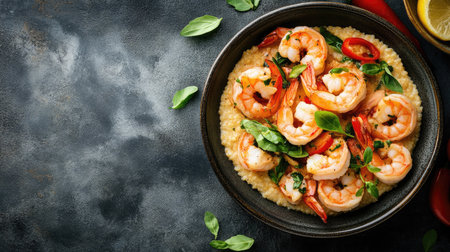 A vibrant plate of shrimp garnished with fresh herbs and spices, showcasing a delightful culinary creation perfect for any dining occasion.の素材