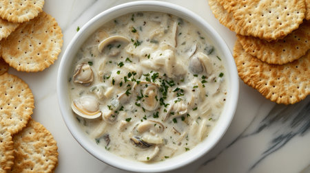 Top view of a bowl of clam chowder with crackers. Copy space available.の素材