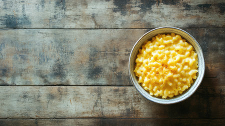 A bowl of creamy macaroni and cheese rests on a rustic wooden table, highlighting the delicious and comforting nature of this classic dish.の素材