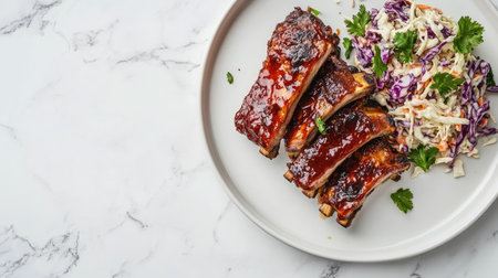 This image showcases mouthwatering barbecue ribs smothered in glaze, served alongside fresh coleslaw on a stylish plate, perfect for any meal.の素材