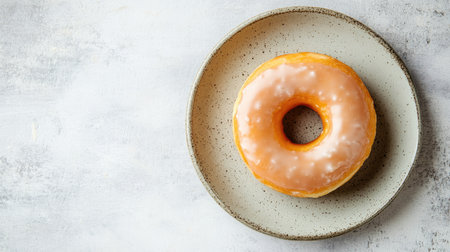 A delightful glazed donut sits on a textured plate, embodying simplicity and indulgence. Perfect for appetizing presentations or food-related themes.の素材