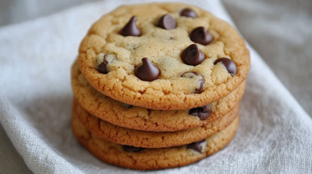 A tempting stack of freshly baked chocolate chip cookies rests on a soft white napkin. Ideal for dessert lovers seeking a sweet treat. Enjoy the delightful flavor!の素材
