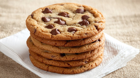 A tempting stack of freshly baked chocolate chip cookies placed on a white napkin. These round, golden treats are a classic dessert perfect for sharing.の素材