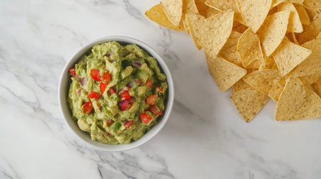 A colorful bowl of fresh guacamole with diced red peppers and tortilla chips on a marble background. Perfect for snacks or gatherings, this dip offers vibrant flavors and textures.の素材