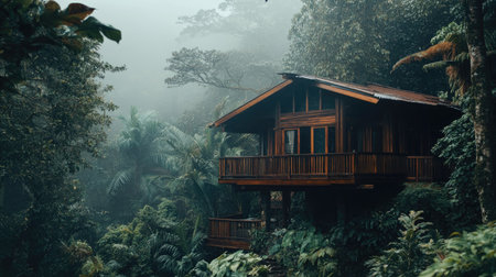 Explore a serene wooden cabin surrounded by lush greenery in a misty jungle landscape. Ideal for those seeking tranquility and connection to nature.の素材