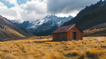 A rustic wooden cabin rests peacefully in a stunning mountain landscape, surrounded by tall grasses and majestic peaks under a dramatic cloudy sky, perfect for nature lovers.の素材
