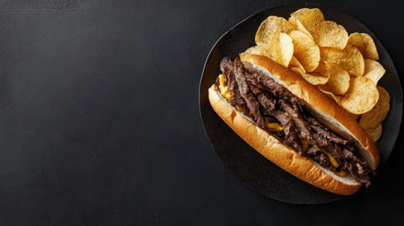 A mouthwatering sandwich filled with tender beef and peppers, served with crispy potato chips. Perfect for casual dining or a tasty snack.の素材
