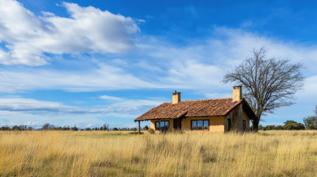 A charming house stands amidst expansive golden grass fields under a vast blue sky. The tranquil scene captures the essence of rural beauty and peaceful living.の素材