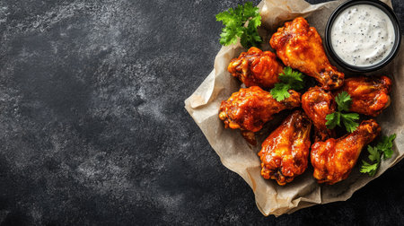 Indulge in these mouthwatering spicy chicken wings served with a creamy dipping sauce, perfect for gatherings, parties, or a delightful snack anytime.の素材