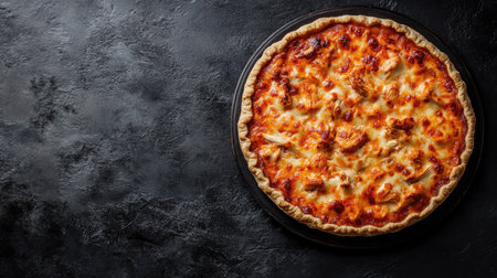 Enjoy a mouth-watering freshly baked pizza topped with cheese and a golden crust, set against a dark background. Perfect for food lovers and culinary enthusiasts.の素材
