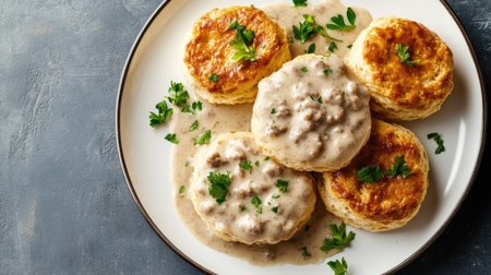 Indulge in these delightful biscuits topped with creamy sausage gravy, garnished with fresh parsley. Perfect for breakfast or brunch gatherings.の素材
