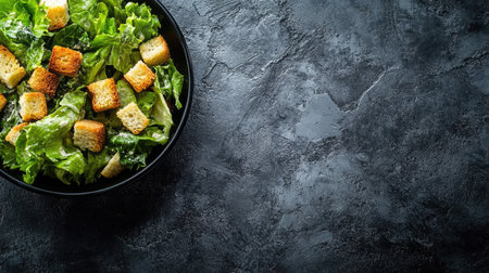 A vibrant fresh salad featuring crisp lettuce and golden croutons, beautifully presented in a bowl against a dark textured background, ideal for gourmet recipes.の素材