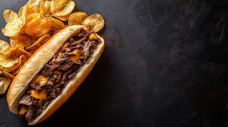 A mouthwatering beef sandwich loaded with melted cheddar cheese, served alongside a handful of crispy potato chips, perfect for a quick meal or snack.の素材