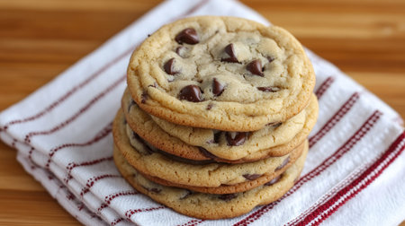 A mouthwatering stack of freshly baked chocolate chip cookies on a soft towel, perfect for snacking or sharing during any occasion. Enjoy the homemade goodness!の素材