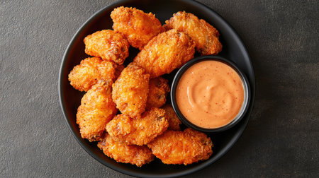 Enjoy a vibrant plate of crispy fried chicken wings served with a flavorful dipping sauce. Perfect for parties, gatherings, or a casual meal.の素材