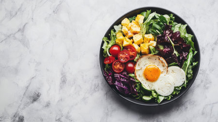 A vibrant and fresh salad featuring greens, cherry tomatoes, and a sunny-side-up egg. Ideal for healthy eating, meal prep, and culinary inspiration.の素材