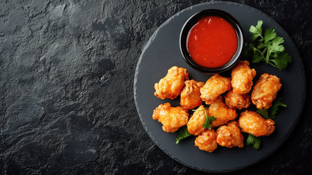Golden crispy fried chicken wings served with spicy sauce on a black stone plate, garnished with fresh herbs, perfect for snacks and parties.の素材