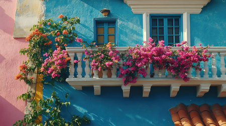 A stunning balcony adorned with vibrant bougainvillea flowers in hues of pink and orange. The colorful walls create a picturesque and inviting atmosphere.の素材
