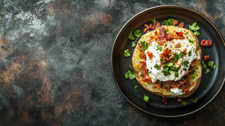 A mouthwatering dish featuring crisp bacon, rich sour cream, and fresh herbs garnished on a plate, perfect for breakfast or brunch.の素材