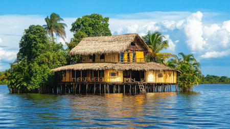 A charming bamboo house stands on stilts over tranquil waters, embraced by palm trees and vibrant greenery, creating a serene tropical escape ideal for relaxation and adventure.の素材