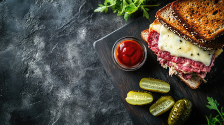 A mouthwatering sandwich stacked with meat and cheese, served with pickles and ketchup on a rustic wooden board. Perfect for a hearty meal.の素材
