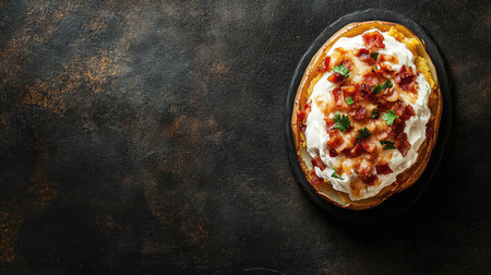 A delicious baked potato topped with creamy sour cream, crispy bacon, and fresh chives, elegantly presented on a dark textured surface. Perfect for comfort food!の素材